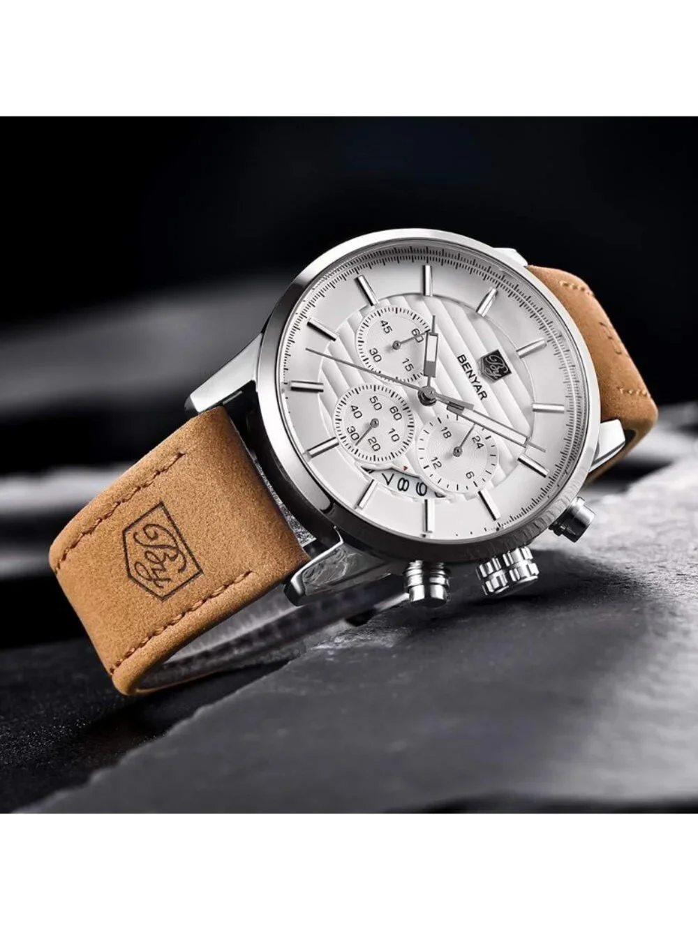 Men's Brown Silver White Analog Quartz Chronograph Waterproof Fashion Wristwatch